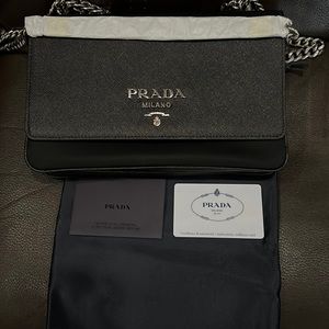 Prada saffiano top black chain shoulder bag / crossbody bag